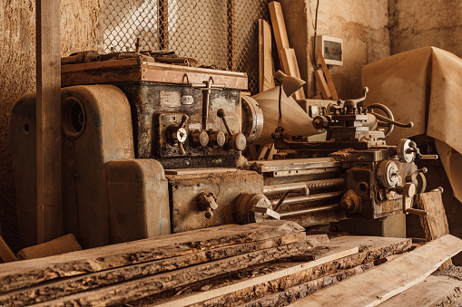 Vintage wood working machine at the workshop.close up