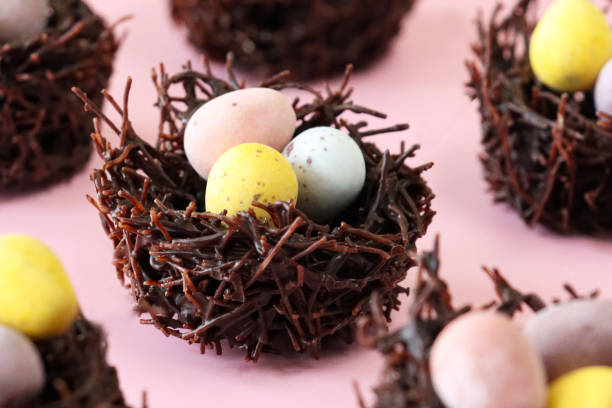 istock Full frame image of chocolate Easter eggs decorating chocolate bird nest cakes on pink surface, focus on foreground 1470142288