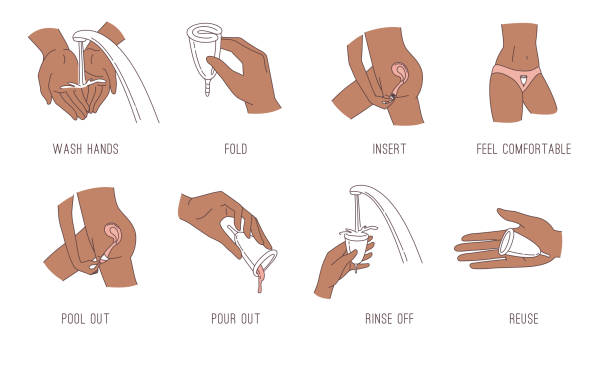 Instructions using menstrual cup woman during period. Vector doodle icons Instructions using menstrual cup woman during period. How to insert cup into a woman body, how to use and how to pool out. Vector illustration doodle icons in thin line art sketch style school cleaning stock illustrations