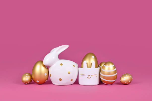 istock Golden Easter eggs painted with stripes and dots and bunny 1470142364