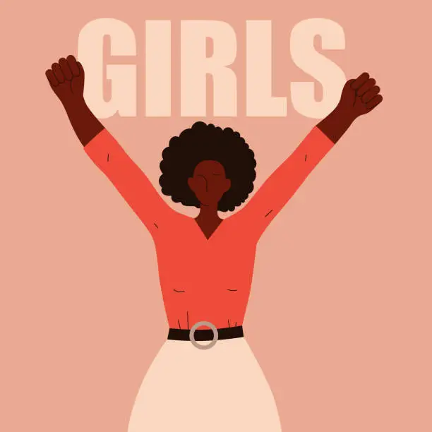 Vector illustration of African american woman standing with her fists raised up