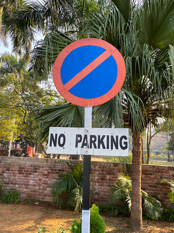 Stock photo showing close-up view of road sign for advising of no parking area.