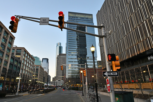 Jersey City, NJ, USA - February 14, 2023: modern buildings and city crossroad at morning, Jersey City