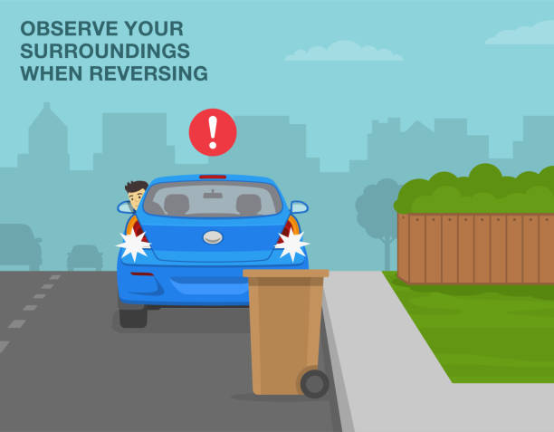 Driver is looking back from the open window and is about to hit trash container. Observe surroundings when reversing. Car driving tips and outdoor parking rules. Driver is looking back from the open window and is about to hit trash container. Observe surroundings when reversing. Flat vector illustration template. curb stock illustrations