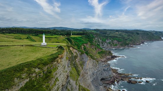 Mirador de Faro Lighthouse and rocky coast towards the Cantabrian Sea. Drone point of View Panorama 16:9. Mirador de Faro Coast towards the Cantabrian Sea, Gijon - Santander, Asturias, Northern Spain, Europe.