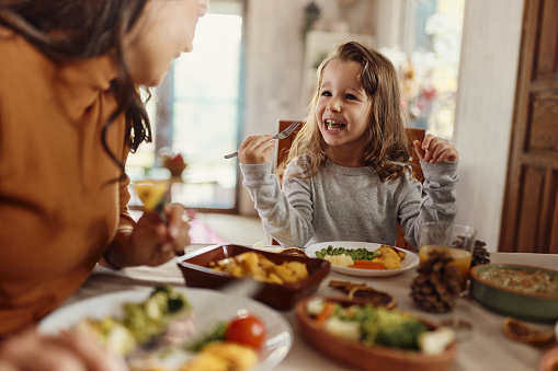 Happy little girl communicating with her single mother during lunch in dining room.