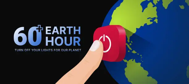 Vector illustration of 60 minutes plus, Earth hour - Finger touch red turn off button on world global and dark blue background vector design