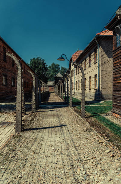 Electric fence with barbed wire and brick prison buildings at the Auschwitz-Birkenau concentration camp in OÅwiÄcim, Poland. Europe. stock photo