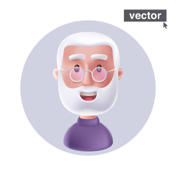 Senior man with silver hair beard and glasses avatar. Smiling elderly man. 3D style vector character illustration. 3D style vector character illustration. Stunning icon for user person profile, happy ID card, joyful social media. stubble stock illustrations