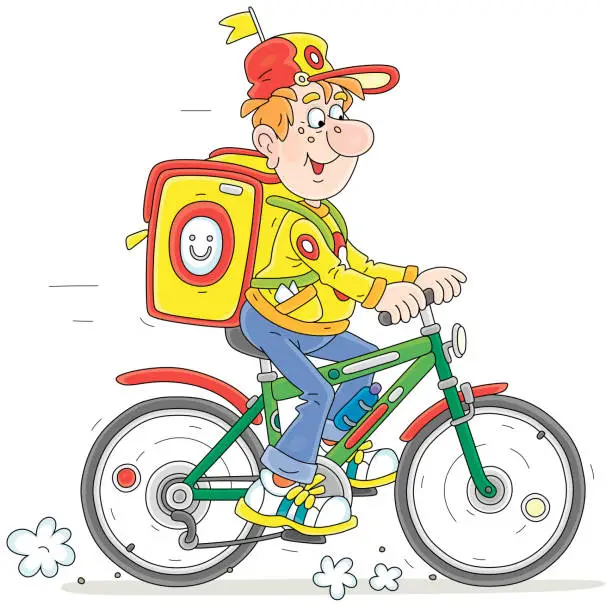 Vector illustration of Funny courier riding a bike with a large backpack