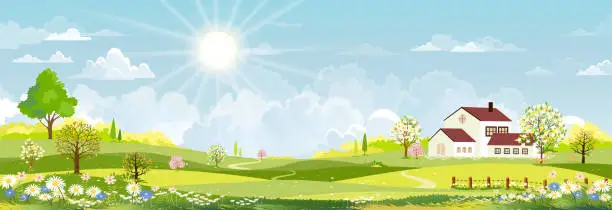 Vector illustration of Nature Spring landscape village,Country house,Green Field with Cloud, Blue Sky,Vector horizon Natural rural Countryside with forest tree,Mountains in Sunny day,Cartoon Vector for Spring, Summer banner