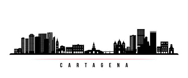 baner poziomy cartagena skyline. czarno-biała sylwetka cartageny w kolumbii. szablon wektorowy dla twojego projektu. - church steeple silhouette built structure stock illustrations