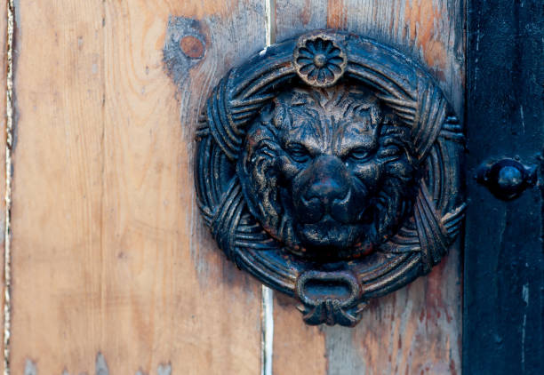 старая дверь с античным железным львом, дверной молоток - door knocker door lion luxury стоковые фото и изображения