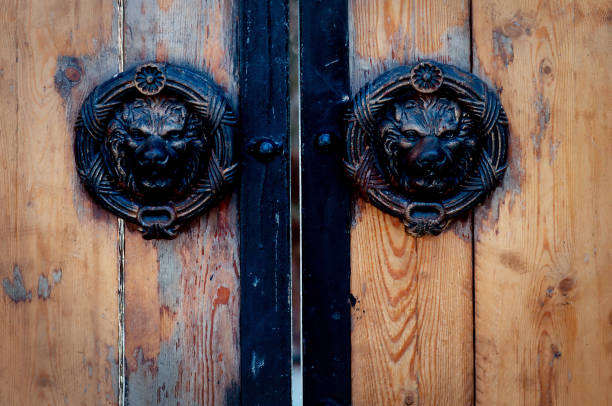 old door with antique iron lion, door knocker - door knocker door lion luxury imagens e fotografias de stock