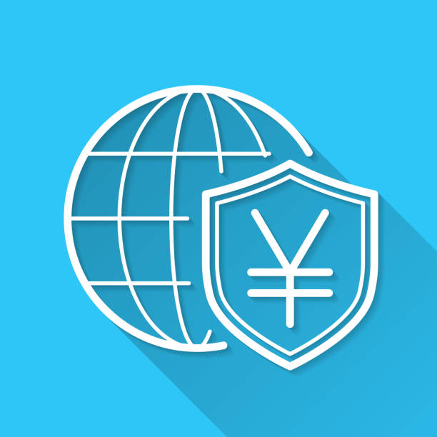 Yen shield with globe. Icon on blue background - Flat Design with Long Shadow White icon of "Yen shield with globe" in a flat design style isolated on a blue background and with a long shadow effect. Vector Illustration (EPS file, well layered and grouped). Easy to edit, manipulate, resize or colorize. Vector and Jpeg file of different sizes. реєст фоп stock illustrations