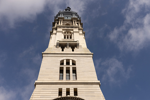 Philadelphia, Pa. USA, Feb. 26, 2023: Philadelphia City Hall tower, Philadelphia, Pa. USA