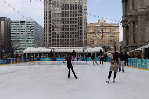 January 27, 2020 - Chicago, IL, USA:   McCormick Tribune Plaza & Ice Rink, within Millennium Park in the Loop community area of Chicago, offers free public skating.