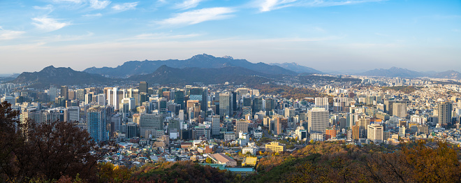 Aerial view of the capital city of Seoul in South Korea, seen a sunny day.