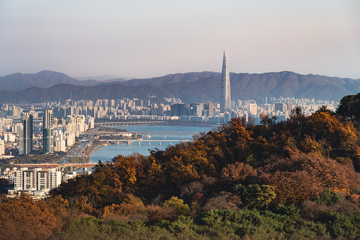 The Lotte World Tower in Seoul South Korea is one of the tallest skyscrapers in the world. Surrounded by smaller buildings and a the Han River.