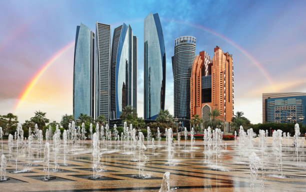 Abu Dhabi Skyline at sunset, United Arab Emirates stock photo