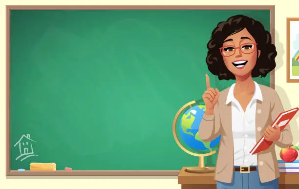 Vector illustration of Young Female Teacher In Front Of Blackboard
