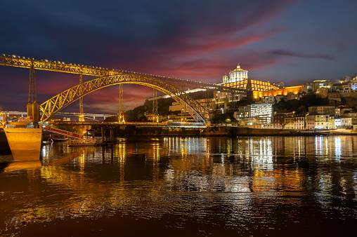 Landscape with Ponte Dom Luís and river Douro in Porto at night, Portugal
