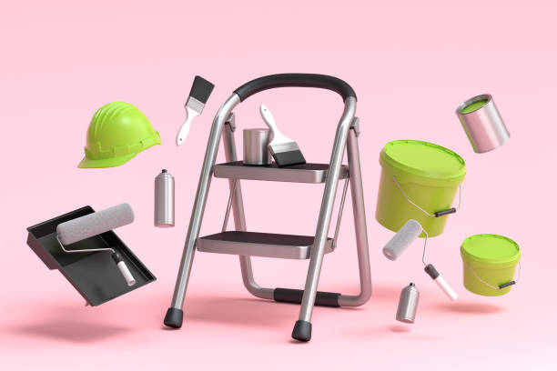 istock Set of folding ladder, bucket, helmet with paint rollers and brushes on pink 1470158739
