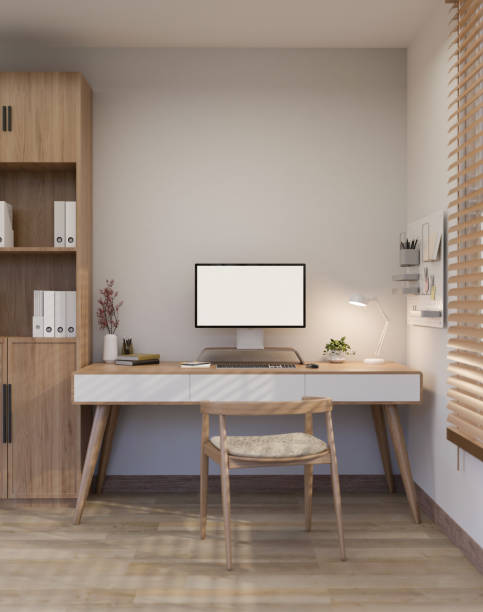 Minimalist workspace interior design with white and wood style with PC computer mockup