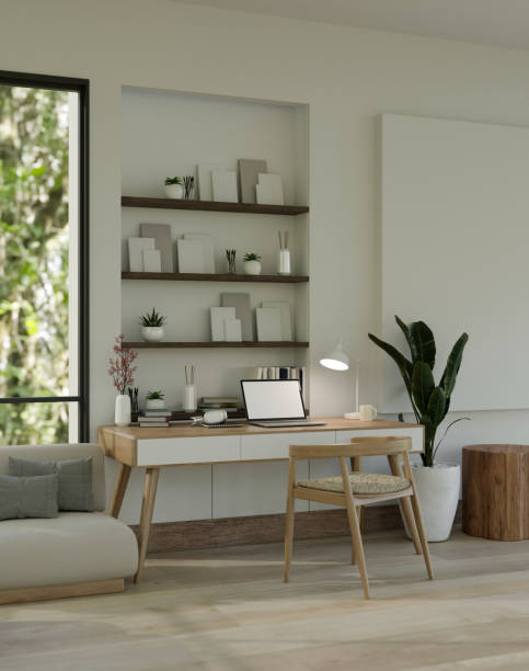 istock Modern and comfortable home workspace interior design with laptop mockup 1470158830