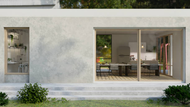 istock Modern loft home building exterior design with spacious modern dining room and indoor kitchen 1470158931
