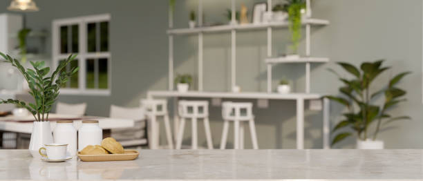 istock Luxury marble tabletop with breakfast coffee set and copy space in co-working space seating area 1470158944