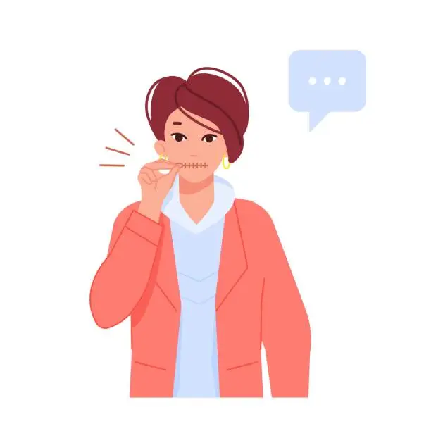 Vector illustration of Girl keep secret. Woman with zipped mouth, dont talk gossip or rumor concept, girls keeping silence calm quiet lady show privacy communication gesture, cartoon vector illustration