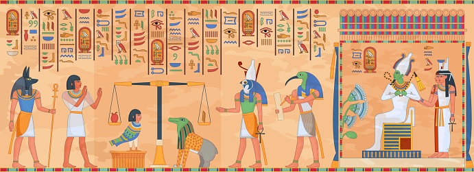 Egyptian mural. Egypt temple religious fresco, ethnic ancient murals antiquity art wall antique mythology hieroglyph ornament death borderwall ingenious vector illustration of egyptology civilization