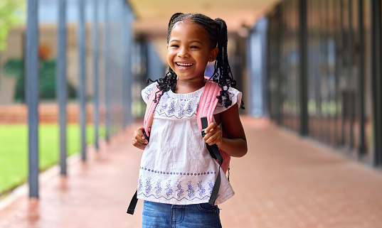 Portrait Of Smiling Female Elementary School Pupil Outdoors With Backpack At School