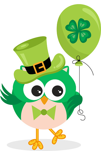 Scalable vectorial representing a St Patrick's day owl holding a green balloon with clover, element for design, illustration isolated on white background.
