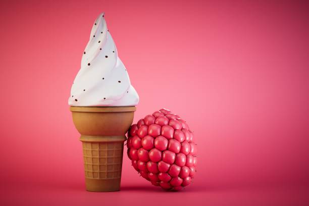 istock raspberry ice cream in a waffle cup. an ice cream cone next to a raspberry on a red background. 3D render 1470160093
