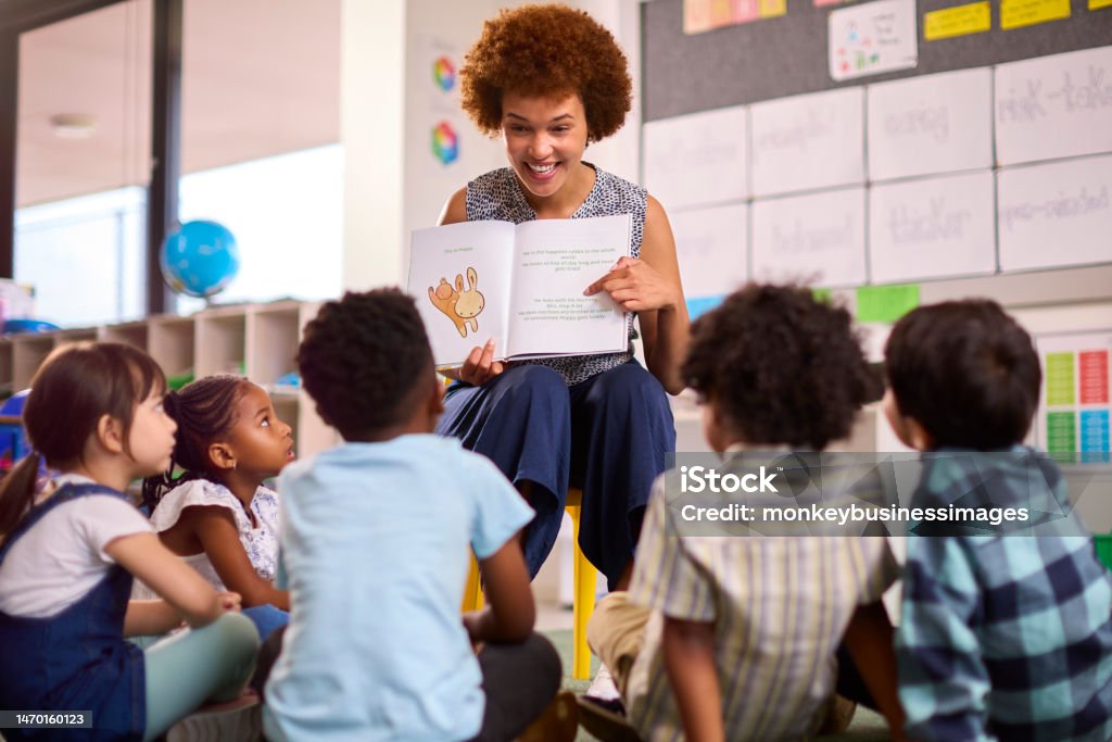 Female Teacher Reads To Multi-Cultural Elementary School Pupils Sitting On Floor In Class At School Teacher Stock Photo
