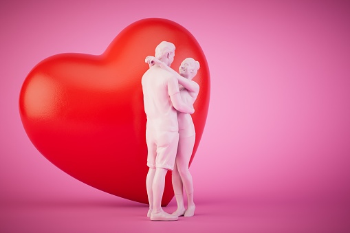 a couple in love embraces next to a large red heart on a pastel background. 3D render.