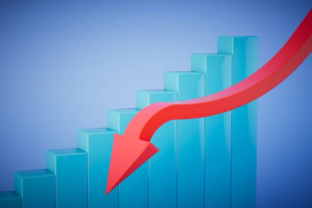istock decline in income. a graph and a red arrow going down on a blue background. 3D render 1470160158