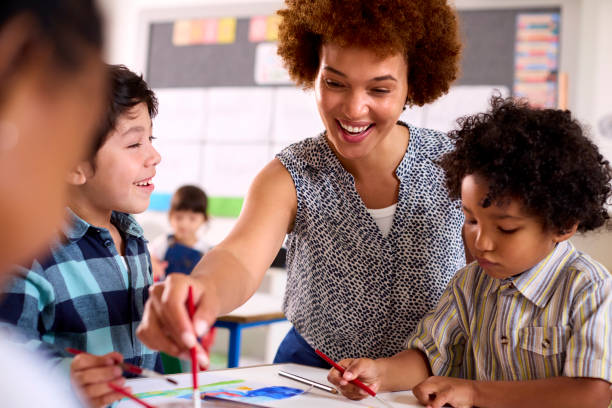 istock Female Teacher With Multi-Cultural Elementary School Pupils In Art Class At School 1470160181