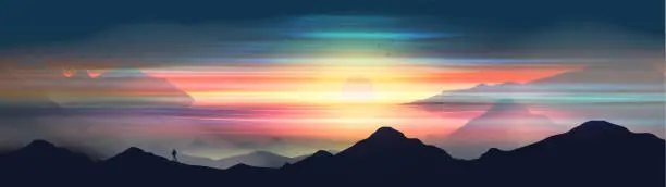 Vector illustration of Colourful dawn above seashore landscape panorama