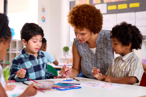 istock Female Teacher With Multi-Cultural Elementary School Pupils In Art Class At School 1470161496