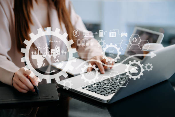 istock Businesswoman working virtual tablet computer twith reduce CO2 concept with icons, global warming such as reforest green factory recycle and zero carbon dioxide emission concept. 1470161734
