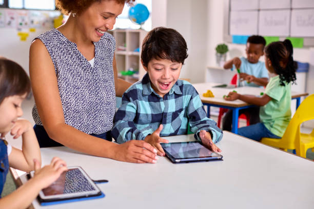 istock Female Teacher With Multi-Cultural Elementary School Pupils Using Digital Tablets At School 1470162614