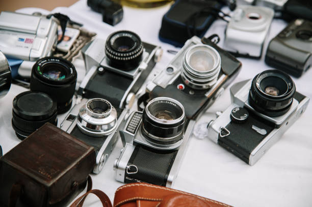 Vintage cameras for sale in a flea market