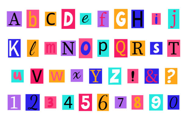 ilustrações de stock, clip art, desenhos animados e ícones de alphabet in y2k, 90s style. anonymous colorful letters cut from magazines. - letter y