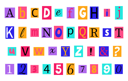 Alphabet in y2k, 90s style. Anonymous colorful letters cut from magazines.