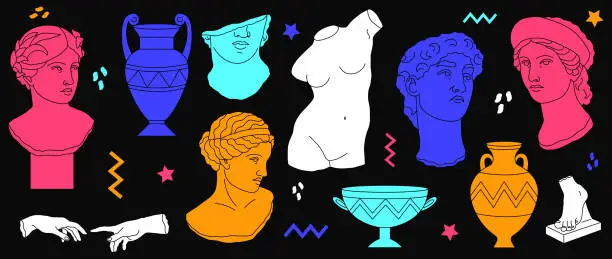 Vector illustration of Mythical, ancient greek style. Antique statues of women and man, vases, sculptures of body parts in modern style.