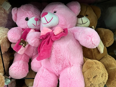 Close up view of colorful and big teddy bear being displayed in a store for sale.