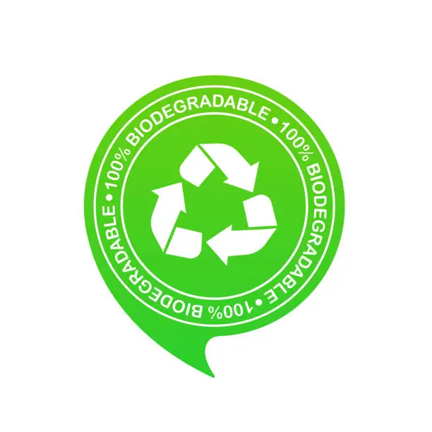 Vector illustration of 100% biodegradable 100% compostable icon, logo. Green leaves in a circle. Round biodegradable symbol. Natural recyclable packaging sign. Eco friendly product. Vector illustration